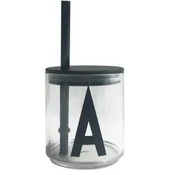 Design Letters rietje met deksel, Zwart
