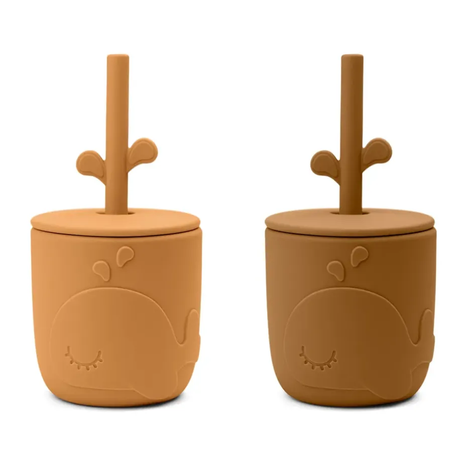 Wally beker met peekaboo rietje 2-pack, Mosterd